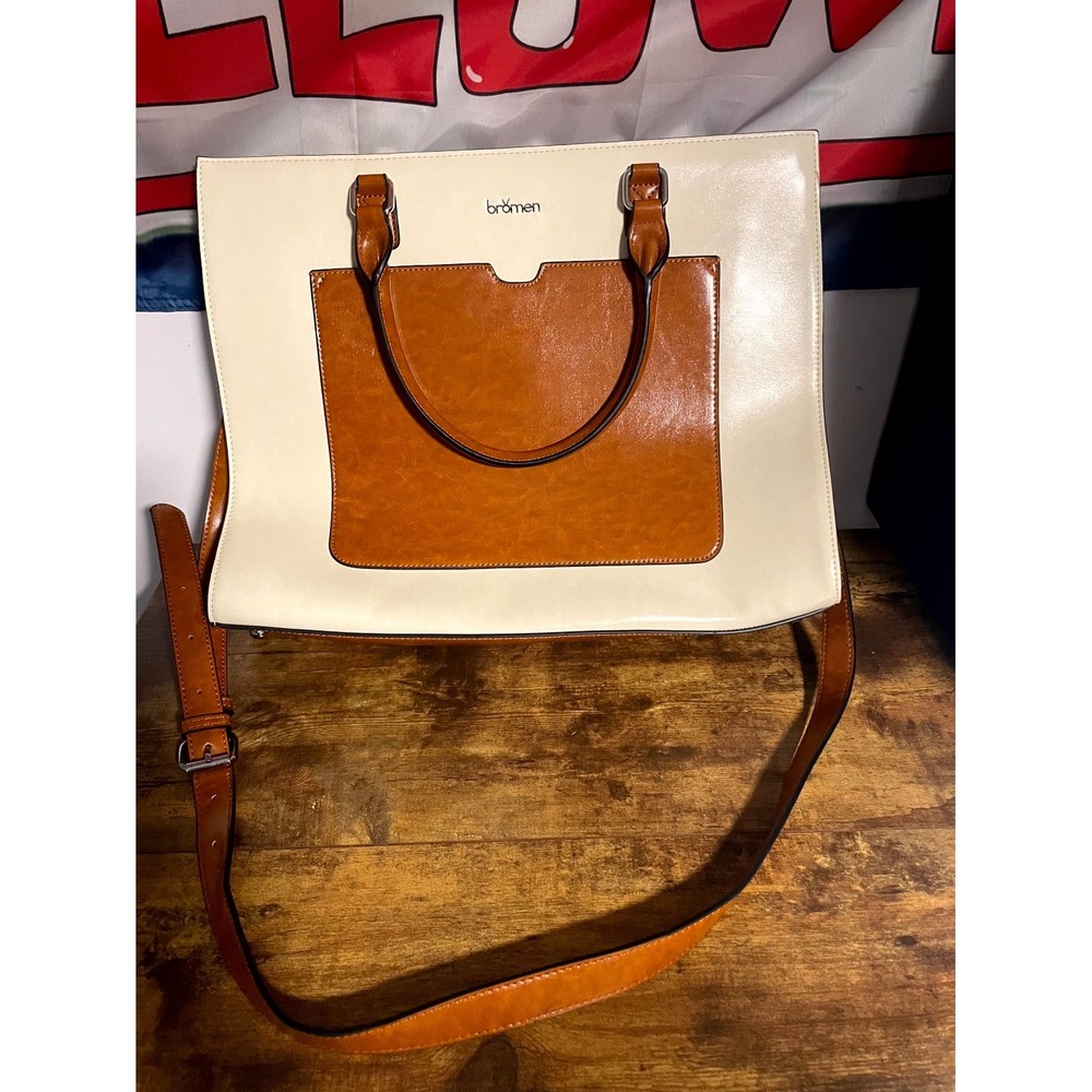 Bromen Shoulder Bag Womens Beige Brown Two-Tone Leather Crossbody Strap Handbag